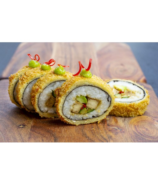 Spicy Crispy roll ; Teryaki tofu, avocado, chinise cucumber,  wasabi, crispy shell 