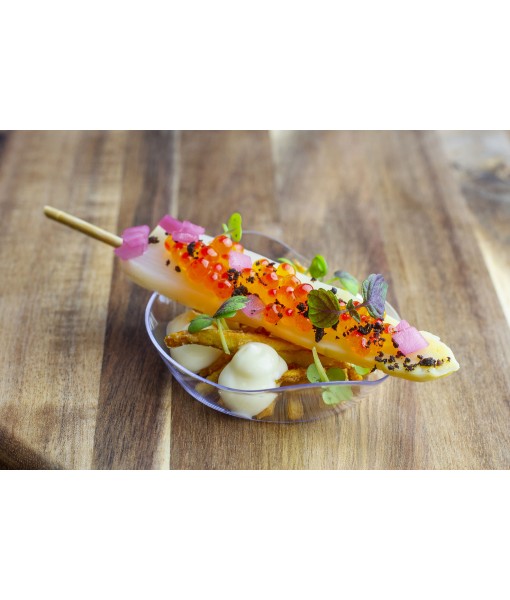 White asparagus with seaweed caviar, potato crisp, piclad onion herbs and vegan mayo